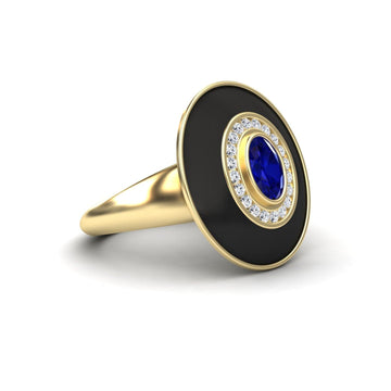 Blue Sapphire & Diamond Black Enamel Halo Ring - Camille