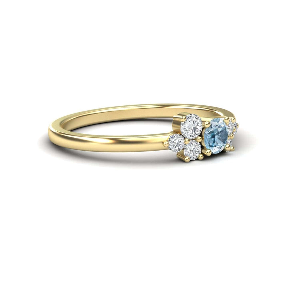 Round aquamarine and diamond cluster ring in 14k yellow gold, view 3