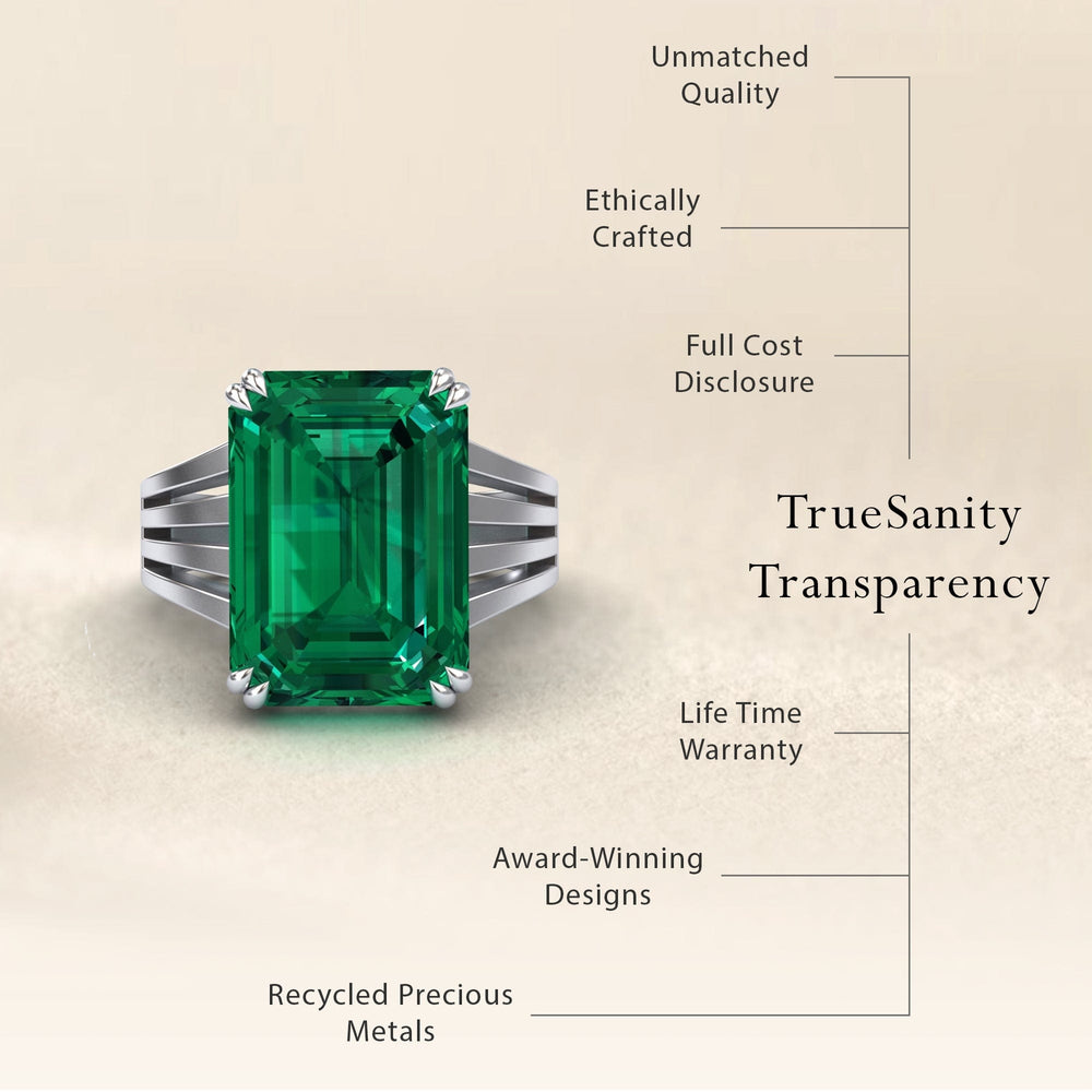 Emerald-cut lab-grown emerald and diamond fashion solitaire ring, view 5