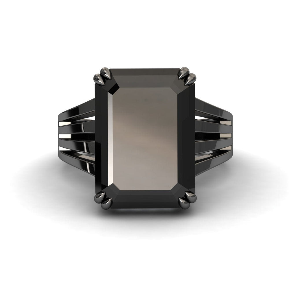Emerald-cut black and white diamond fashion solitaire ring in 14k blackened gold