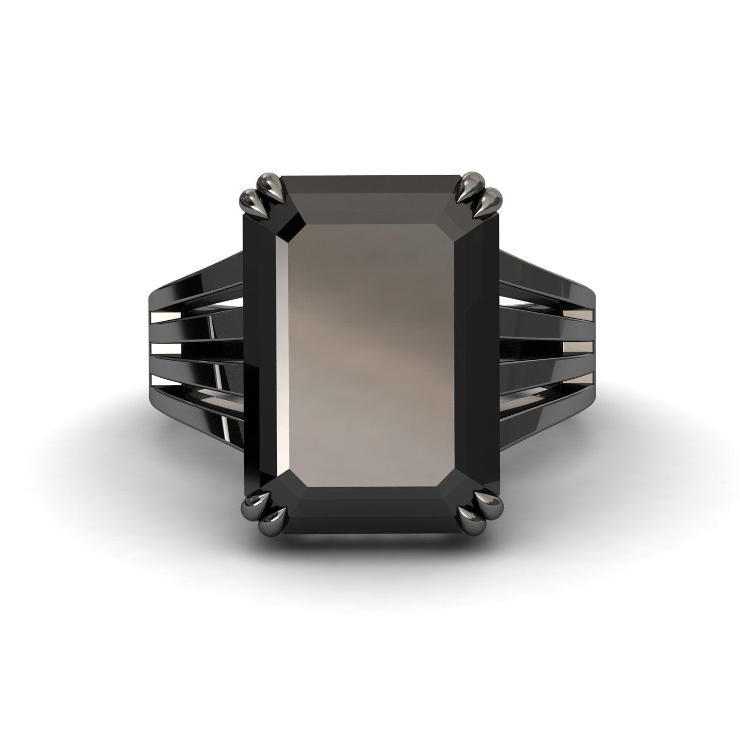 The Black & White Diamond Fashion Solitaire Ring - Tasmia features a rectangular black gemstone in a black metal setting with a split shank, shown from the front on a white background.