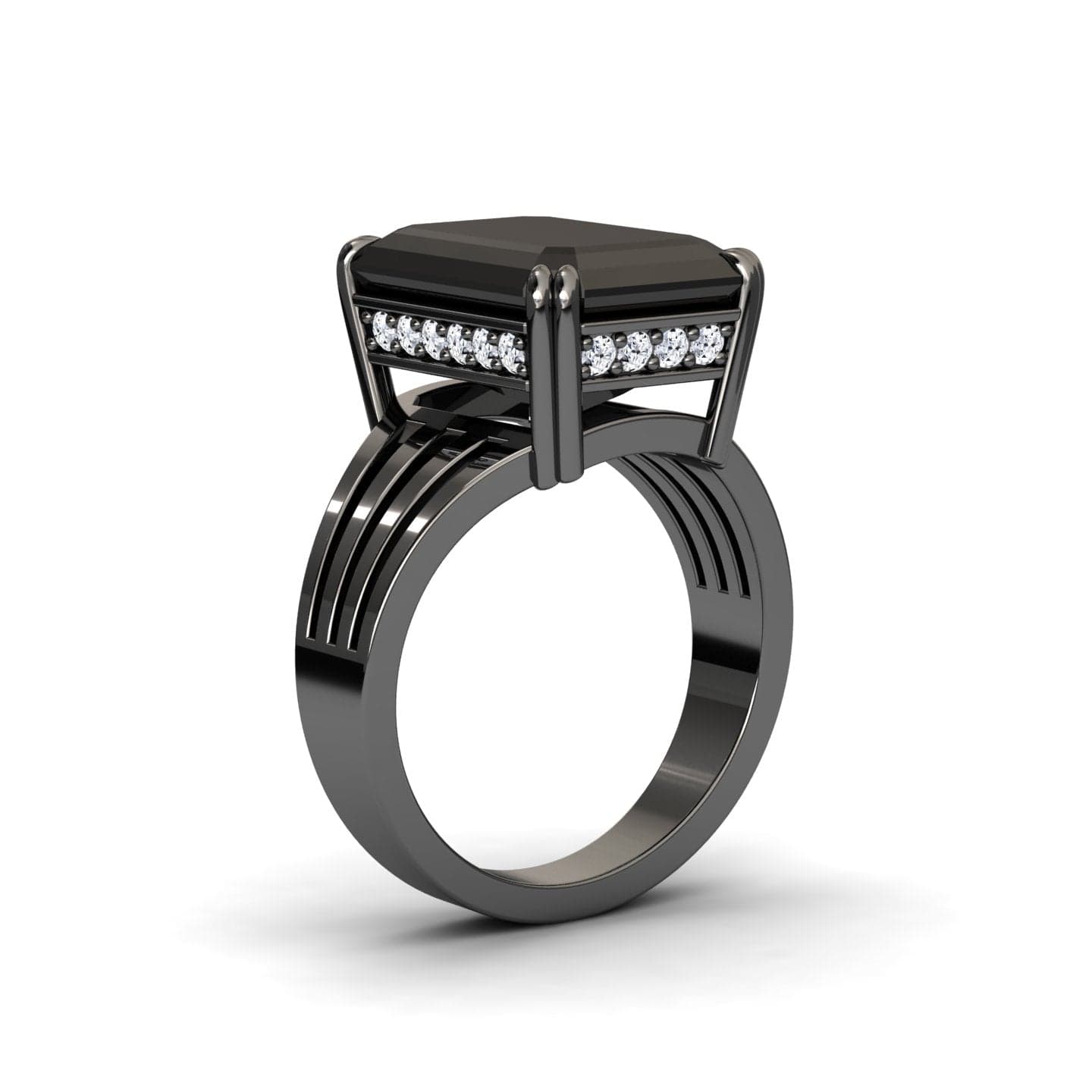 The Black & White Diamond Fashion Solitaire Ring - Tasmia features a sleek black band with a large geometric black stone in a prong setting, accented by white diamonds beneath and a modern layered design.