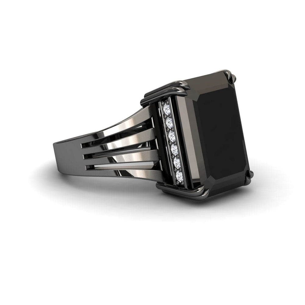 Emerald-cut black and white diamond fashion solitaire ring in 14k blackened gold, view 3