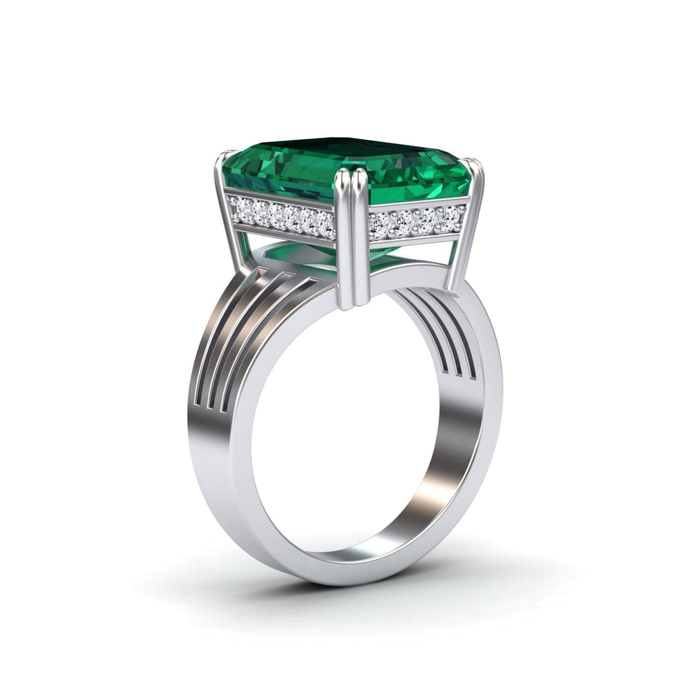 Emerald-cut lab-grown emerald and diamond fashion solitaire ring in 14k white gold, view 2