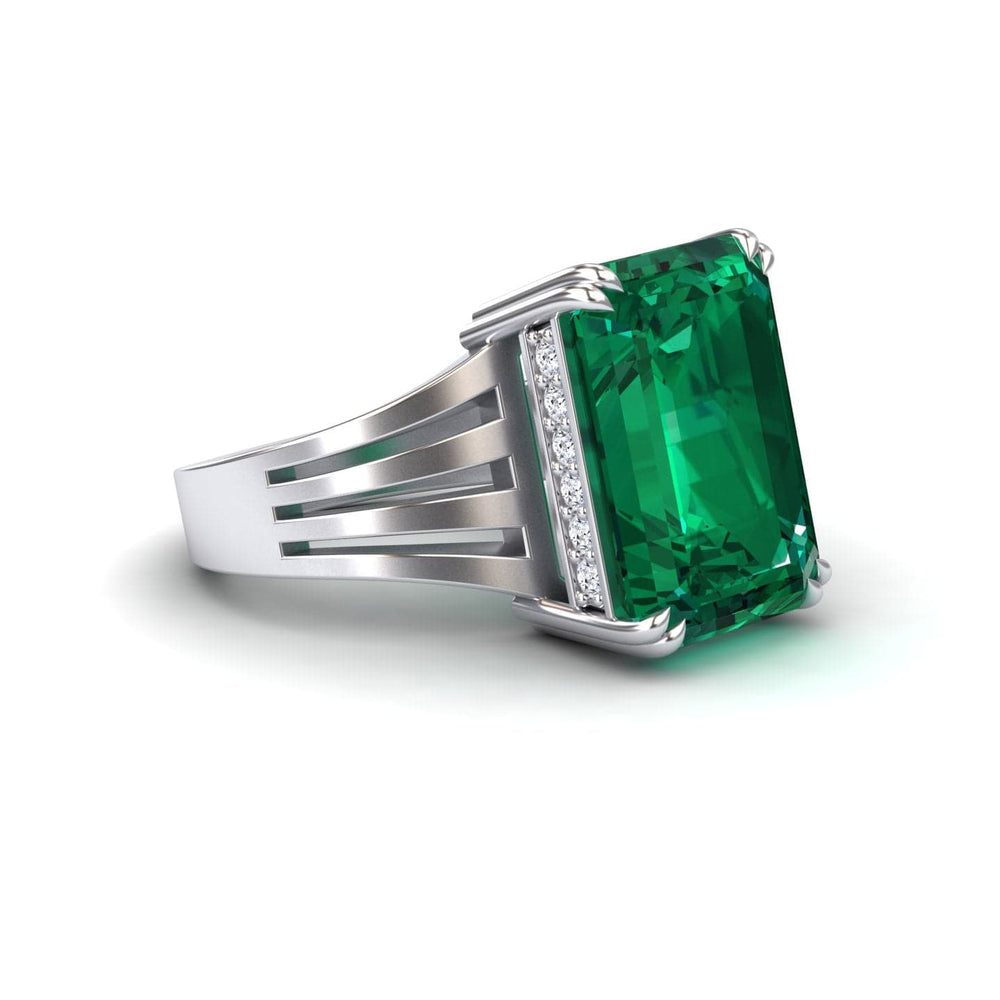 Emerald-cut lab-grown emerald and diamond fashion solitaire ring in 14k white gold, view 3