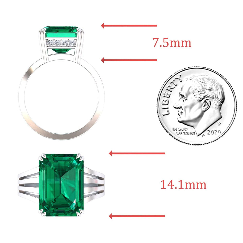 Emerald-cut lab-grown emerald and diamond fashion solitaire ring in 14k white gold, view 4