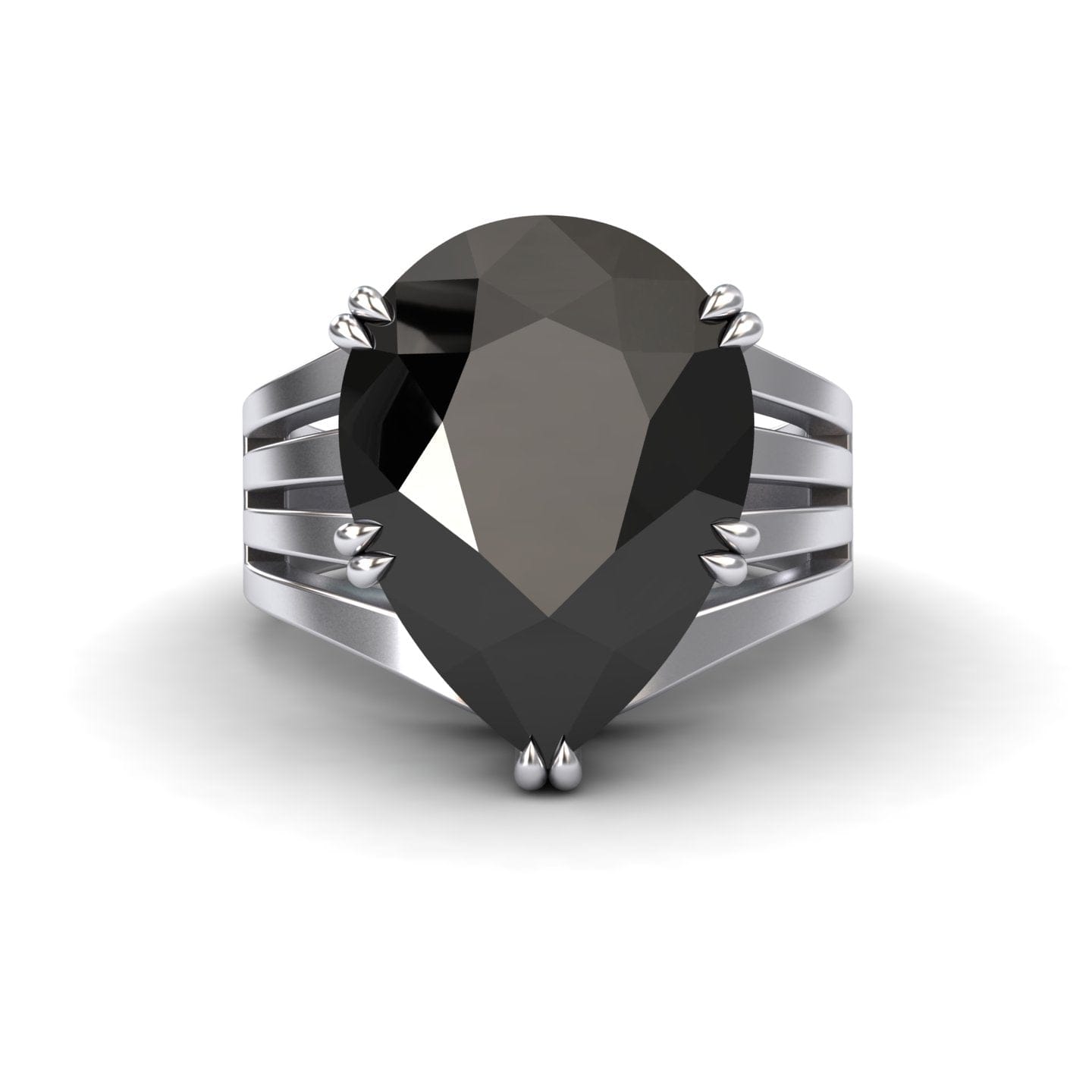 The Black & White Diamond Regal Ring - Anna features a large pear-shaped black gemstone set in a modern split-shank silver band, displayed on a white background.
