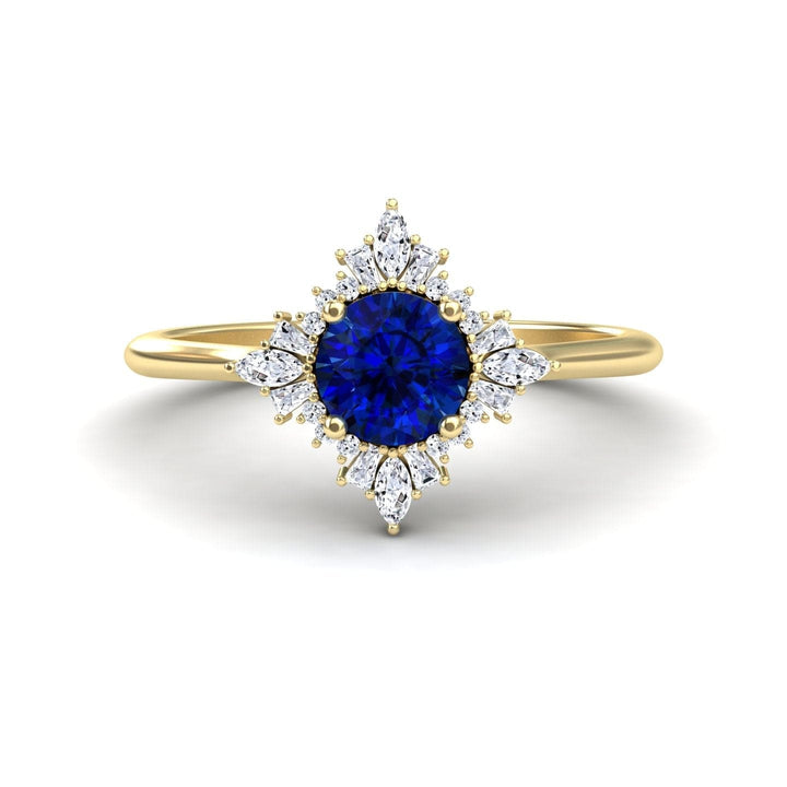 Blue Sapphire & Diamond Vintage-Inspired Starburst Ring - Delia