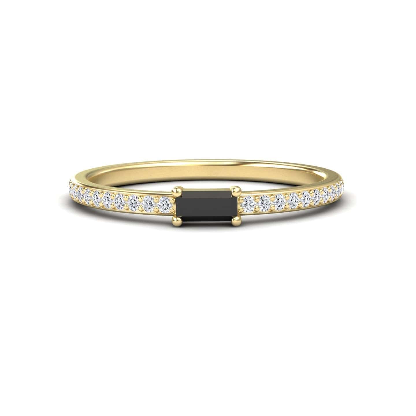 The Black & White Diamond Pave Ring - Dia is a slim gold ring with a rectangular black gemstone at the center, accented by white diamond pavé along the band.