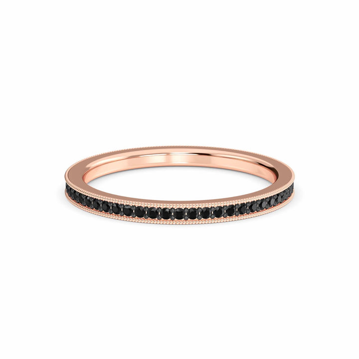 The Black Diamond Milgrain Eternity Pave Band - Mariel is a thin rose gold ring with small black diamonds set along the top and delicate milgrain beaded detailing on each side.