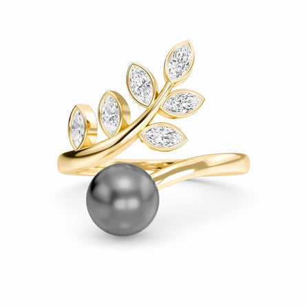 Tahitian Pearl & Diamond Leaf Wrap Ring - Ashley