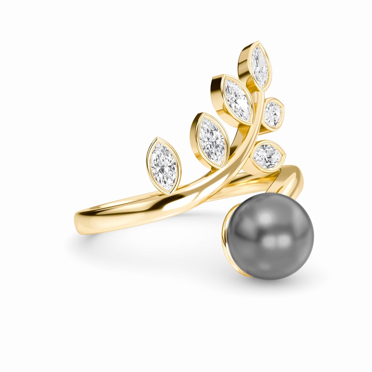 Tahitian Pearl & Diamond Leaf Wrap Ring - Ashley