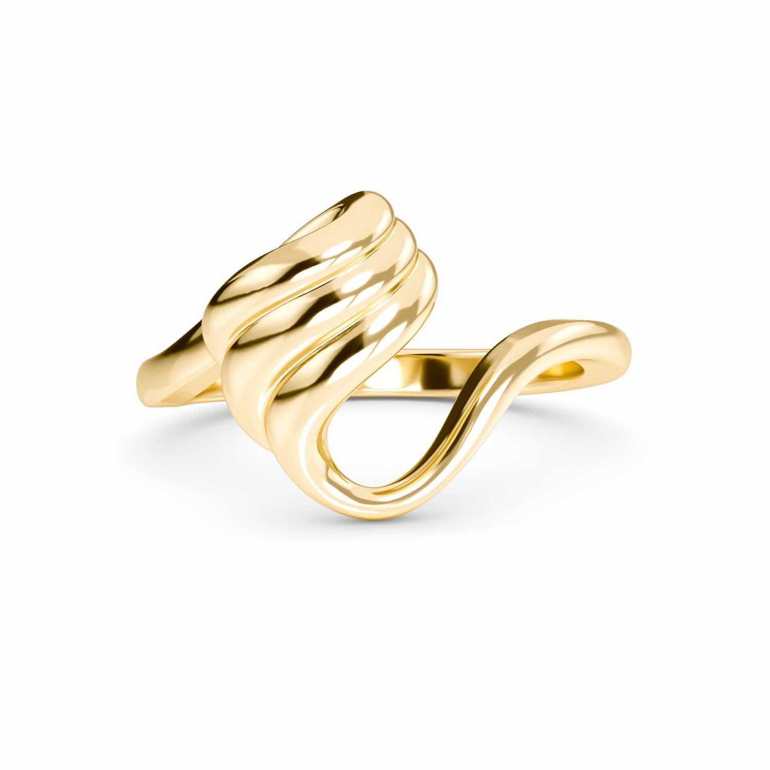 The Fluid Swirl Open Band Ring - Elsa features a modern, sculptural design with smooth, twisted curves and a polished finish, showcased against a plain white background.