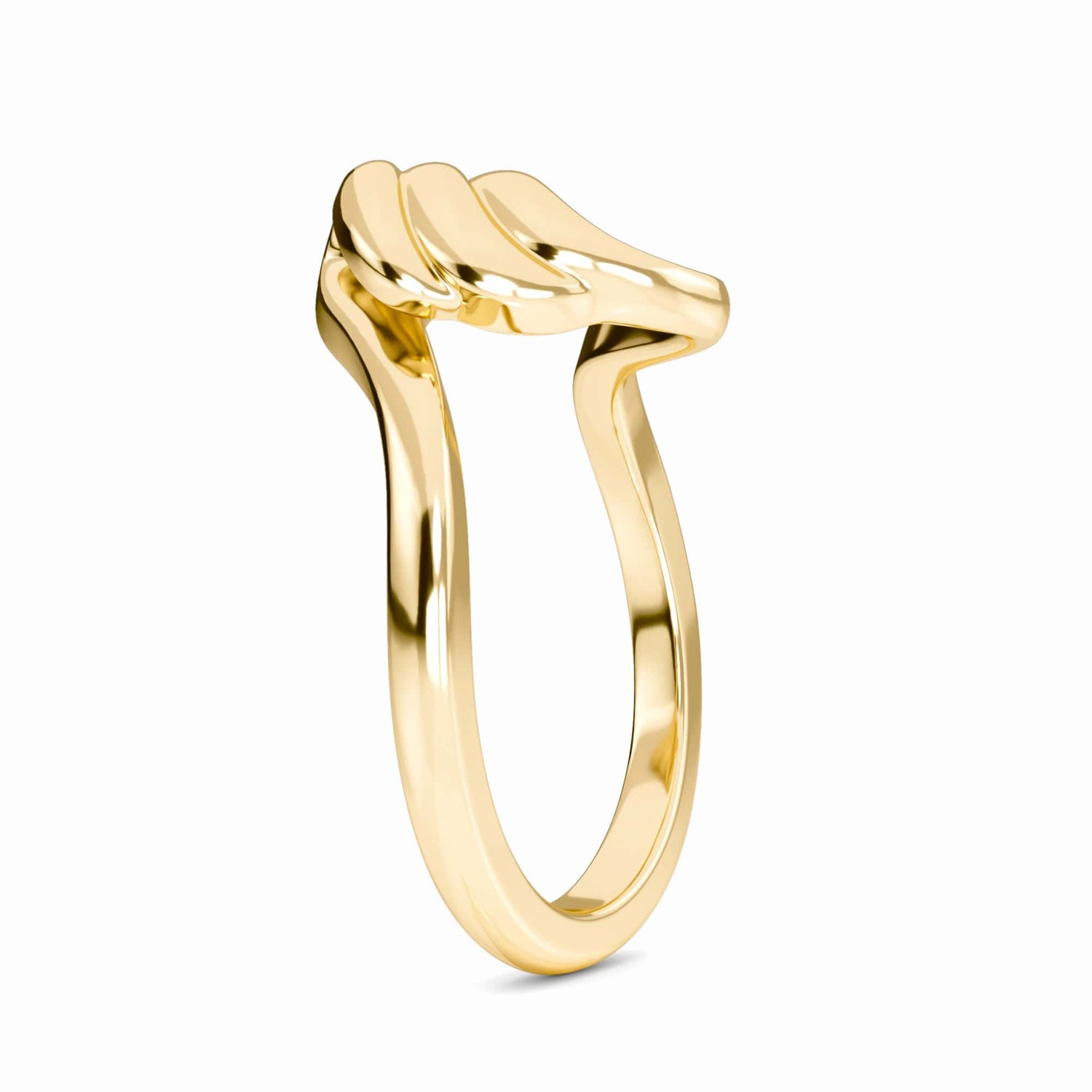 The Fluid Swirl Open Band Ring - Elsa features a gold band elegantly shaped into two hands gently clasping each other, forming the top of the ring, showcased against a plain white background.