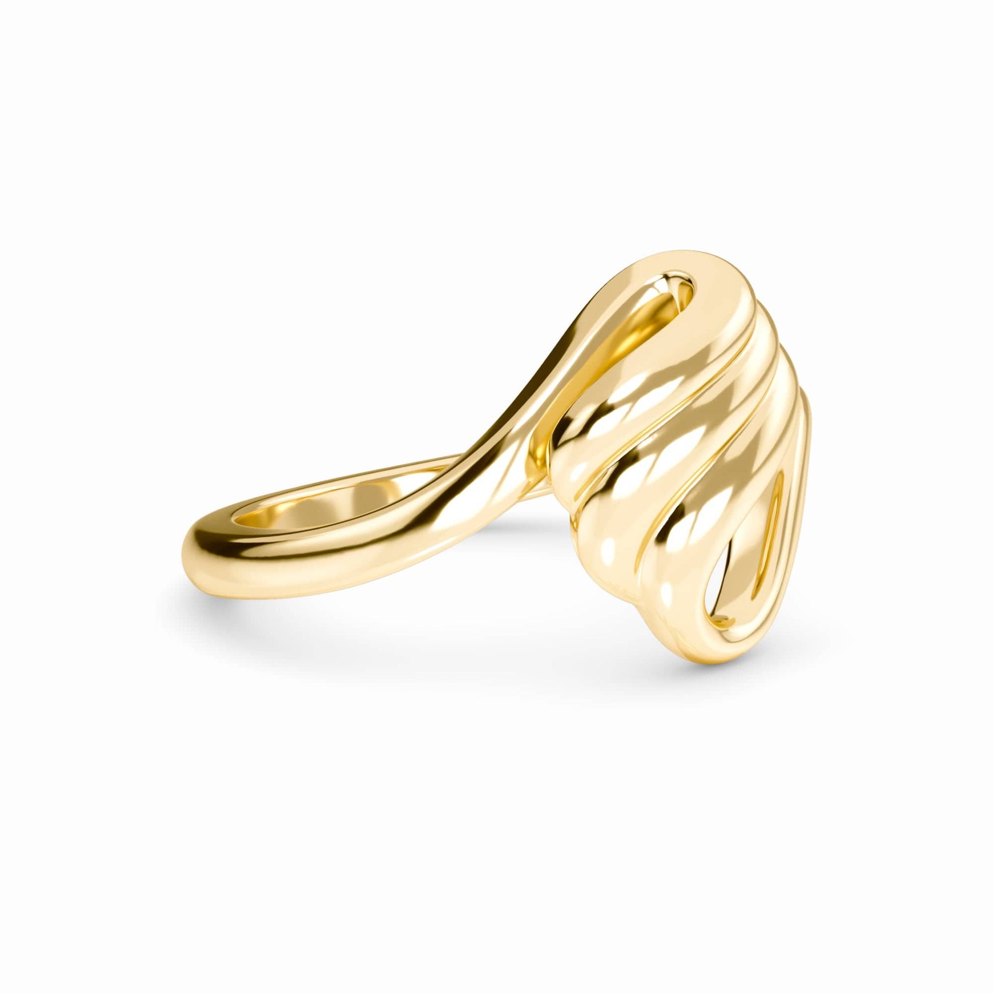 The Fluid Swirl Open Band Ring - Elsa is a polished gold ring with a modern, sculpted design featuring smooth curves and a shiny finish, shown on a white background.