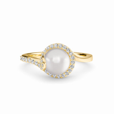 White Akoya Pearl & Diamond Halo Swirl Ring