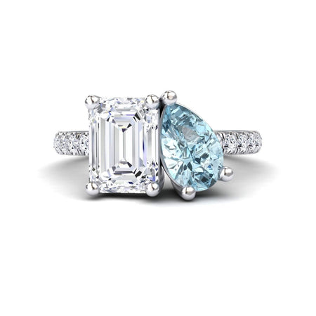 Lab Grown Moissanite & Aquamarnine Toi et Moi Ring - Gauri