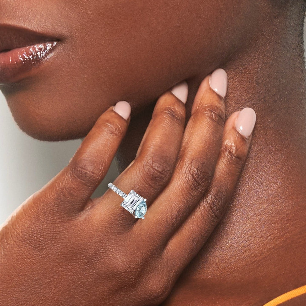 Lab Grown Moissanite & Aquamarnine Toi et Moi Ring - Gauri