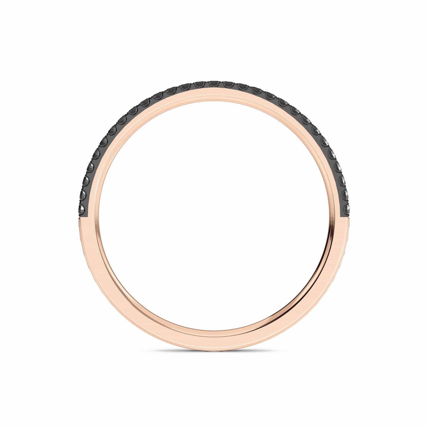 The Black Diamond Pave Half Eternity Band Ring - Stephanie features a thin rose gold band with small black stones set along the top half, shown on a white background.