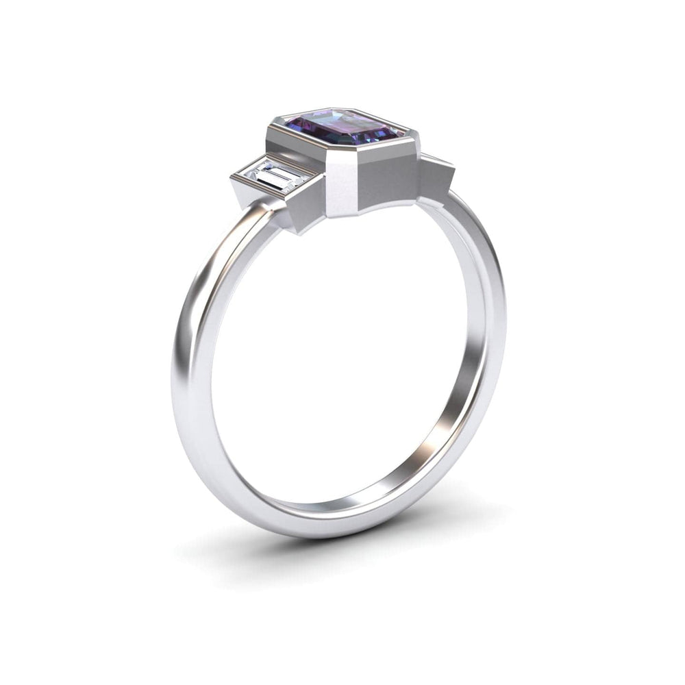 Emerald-cut lab-grown alexandrite and diamond three-stone art deco ring in 14k white gold, view 2