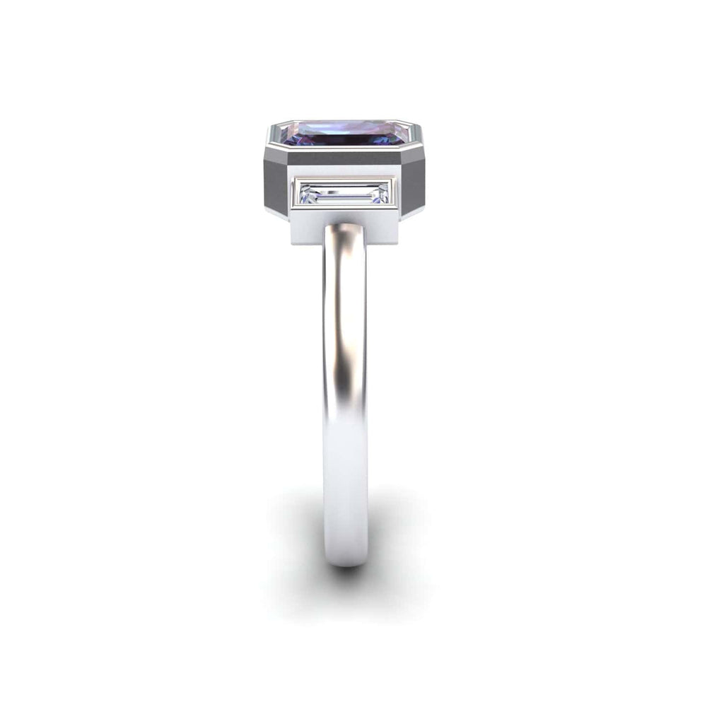 Emerald-cut lab-grown alexandrite and diamond three-stone art deco ring in 14k white gold, view 3