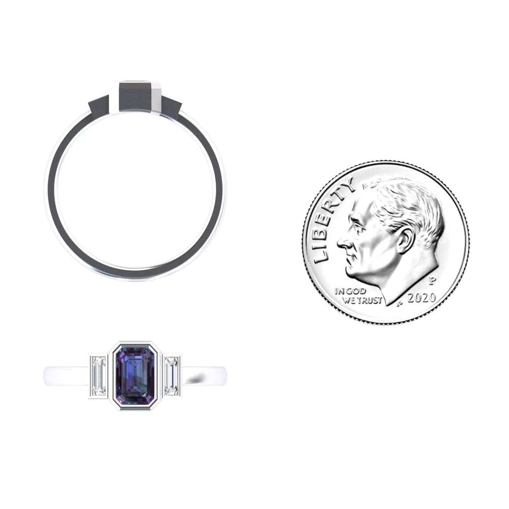 Emerald-cut lab-grown alexandrite and diamond three-stone art deco ring in 14k white gold, view 4