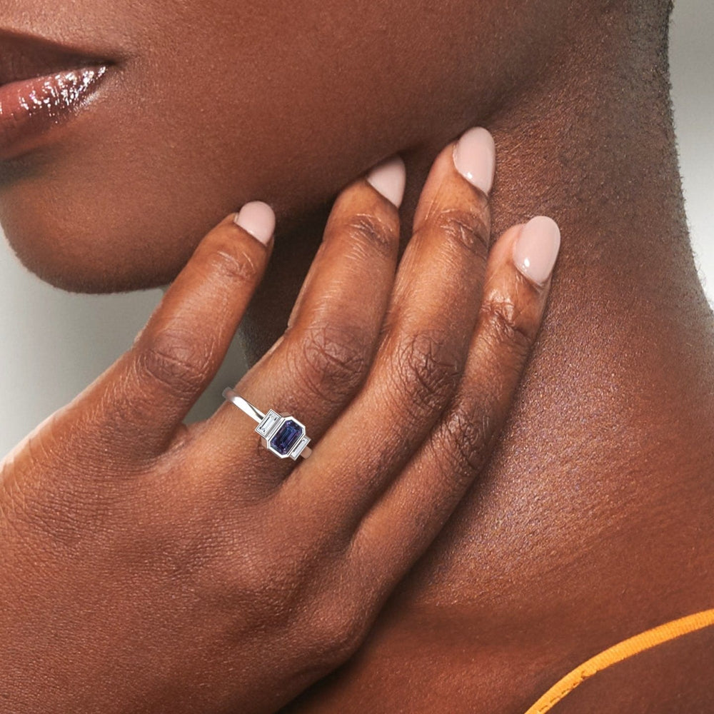 Emerald-cut lab-grown alexandrite and diamond three-stone art deco ring in 14k white gold, view 5