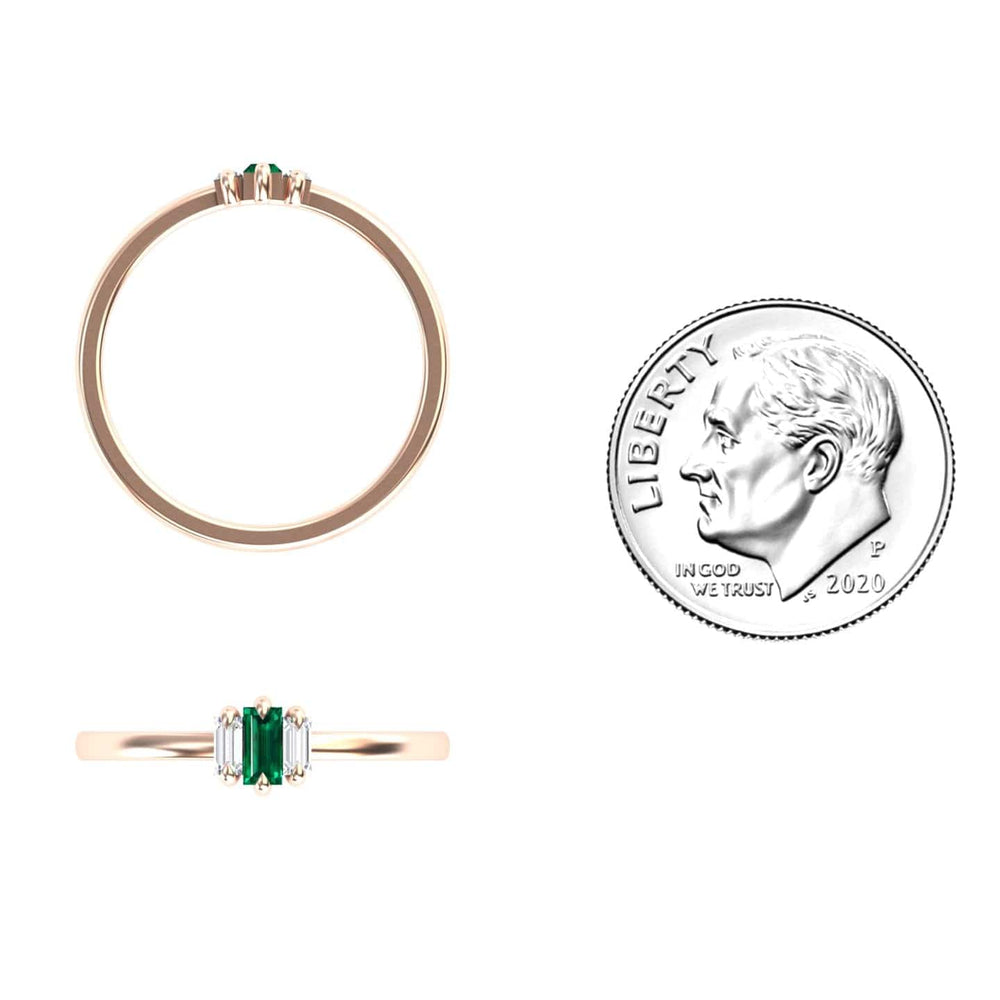 0.13-carat Emerald & Diamond Three Stone Ring in 14K Rose gold, Marina style, coin view