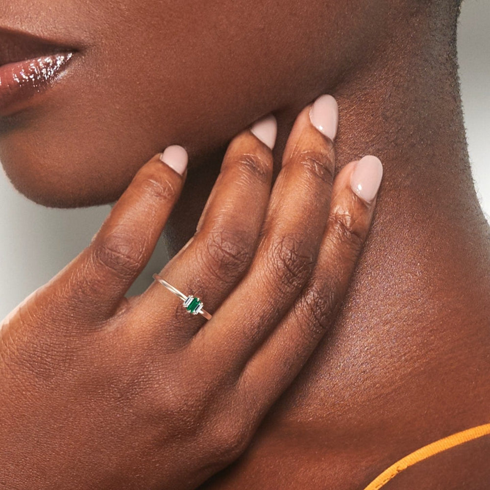 0.13-carat Emerald & Diamond Three Stone Ring in 14K Rose gold, Marina style, coin view