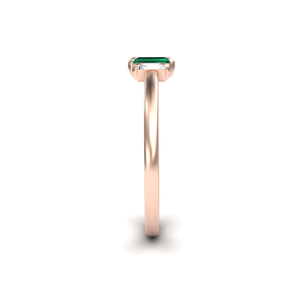 0.13-carat Emerald & Diamond Three Stone Ring in 14K Rose gold, Marina style, side straight view