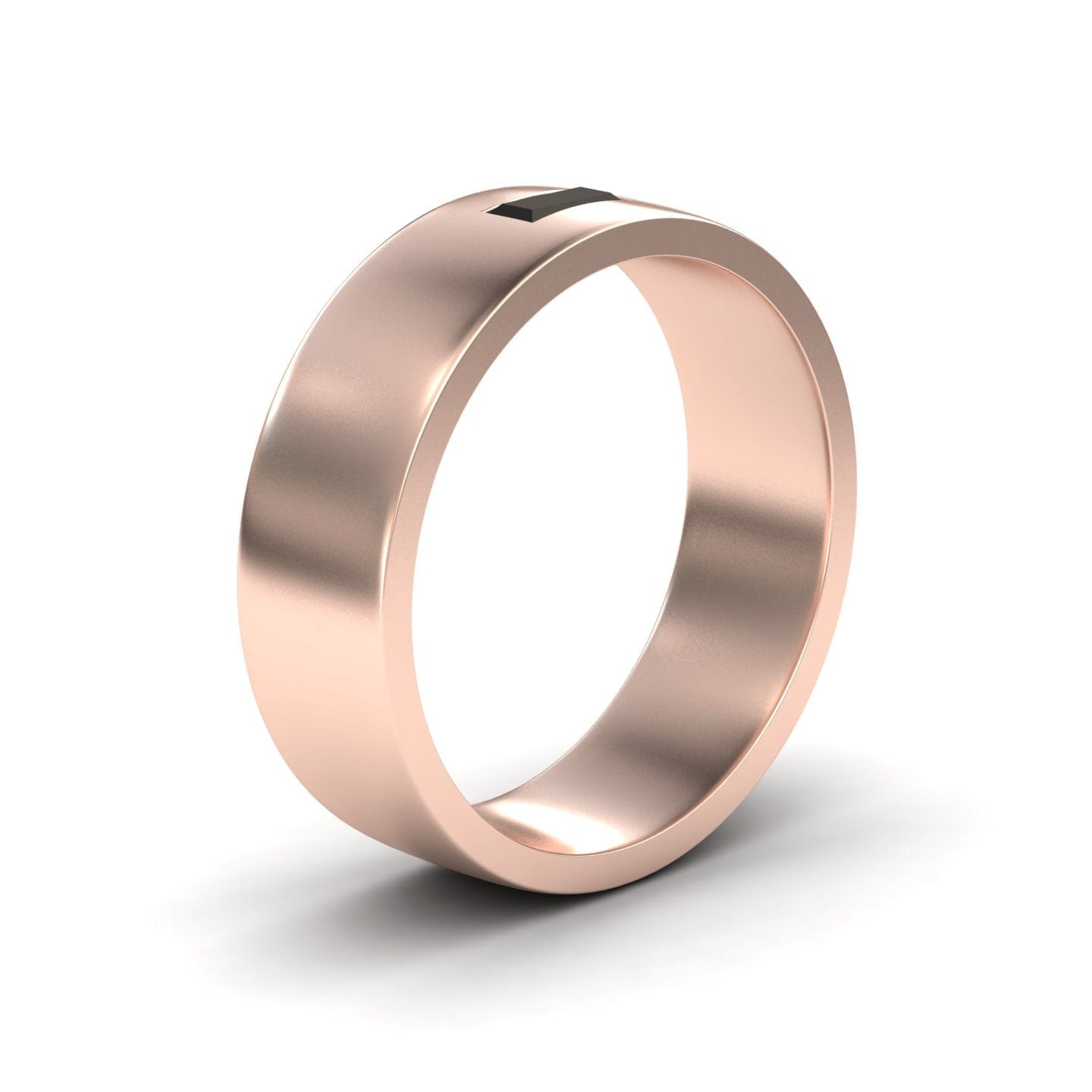 The Black Diamond Solitaire Men’s Band Ring - Nayana features a rose gold band with a smooth, matte finish and a small rectangular black diamond detail on top, displayed against a white background.