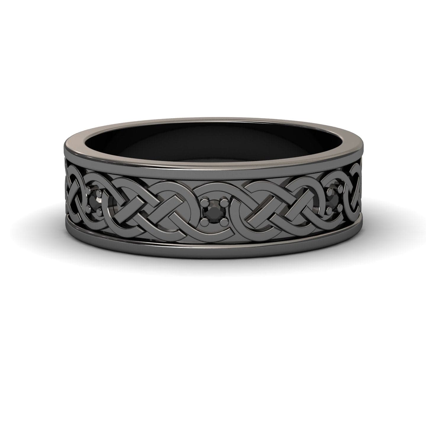 The Li Mei Black Diamond Celtic Knot Wedding Band features an intricate Celtic knot pattern engraved around the band, shown on a white background.