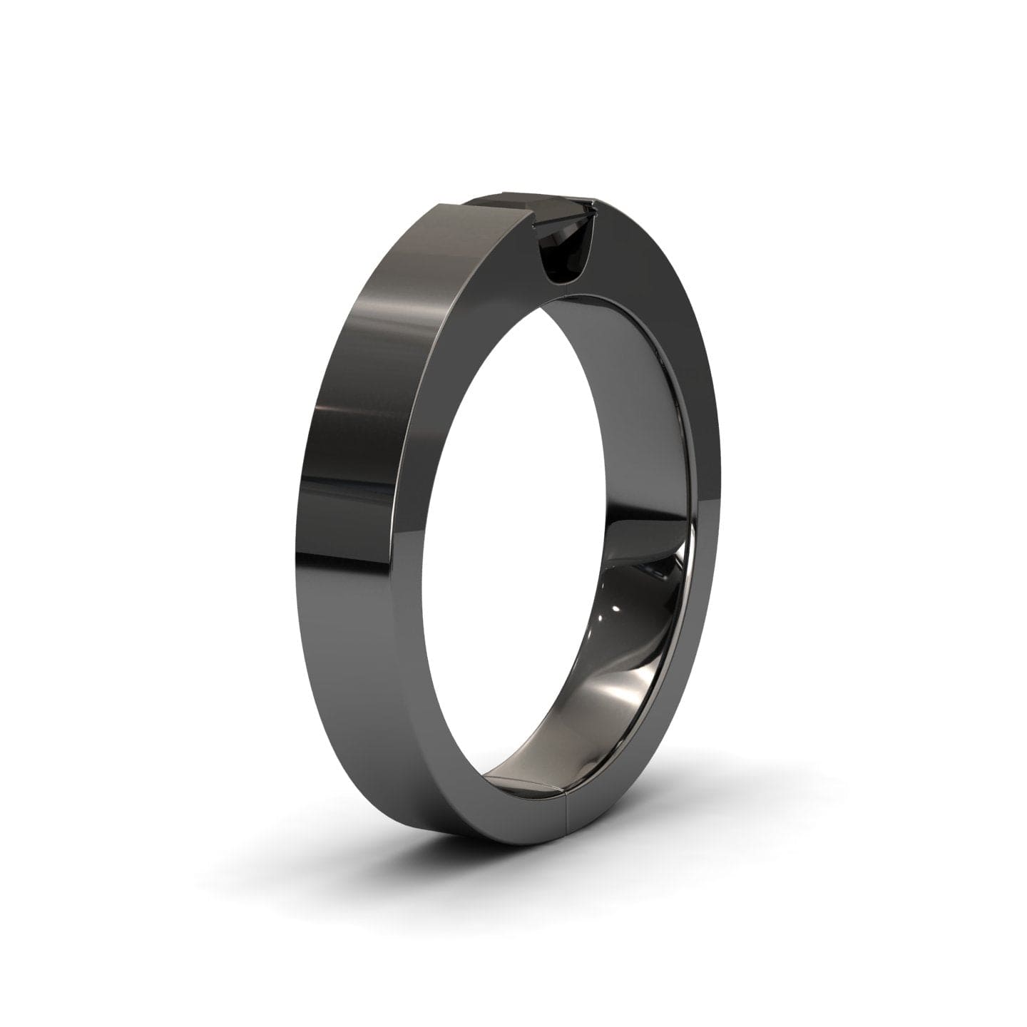 The Black Diamond Solitaire Mens Band - Xiuling is a sleek, modern black ring with a flat surface and a subtle groove detail on top, shown on a white background.