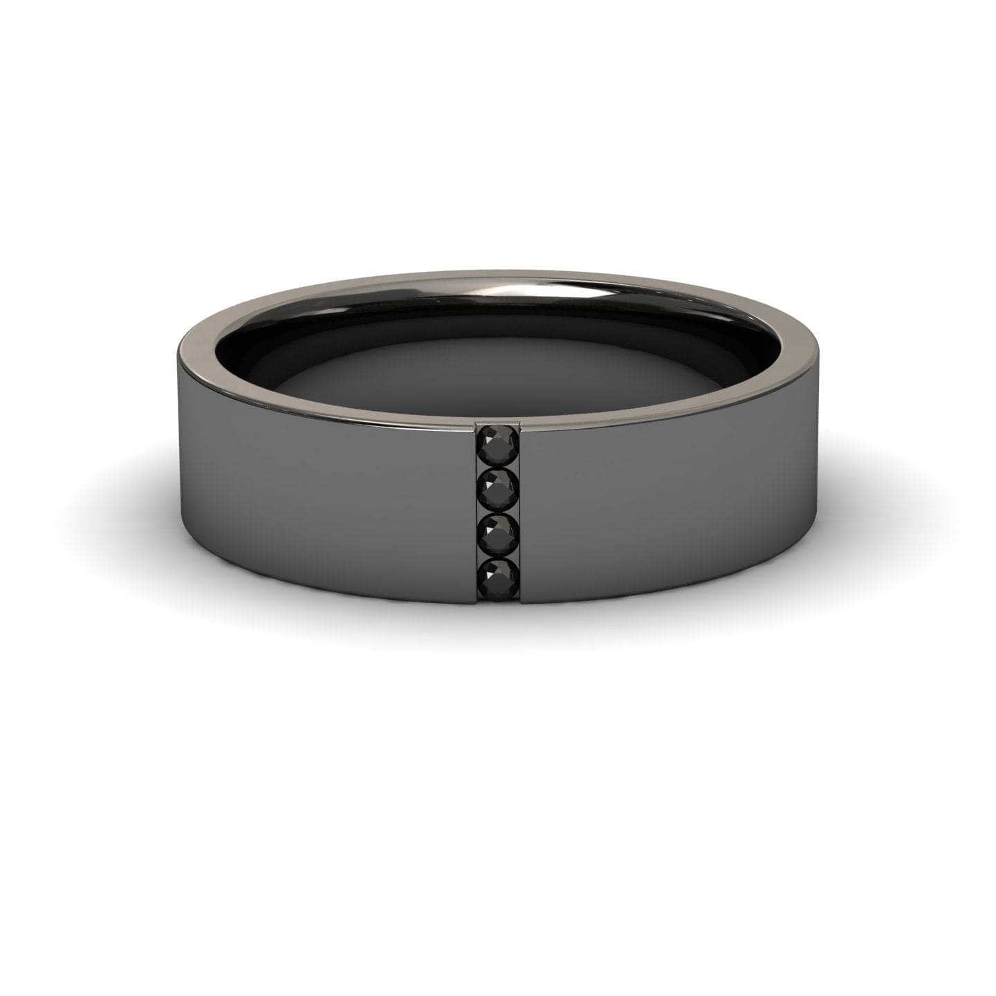 The Mens 5.5mm Black Diamond Wedding Ring - Chase is a sleek, flat-edged black metal band with a polished finish, featuring a vertical row of four small black diamonds set into the center.