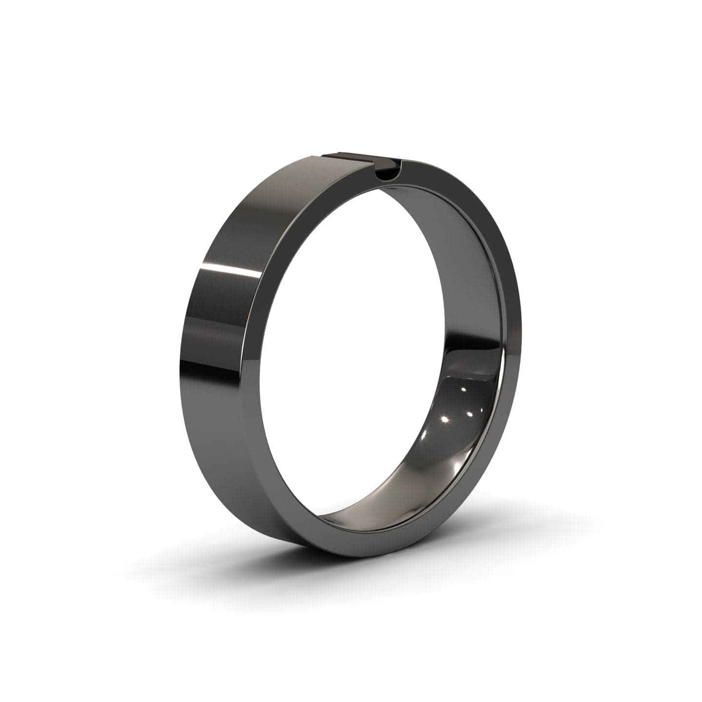 The Mens 5.5mm Black Diamond Wedding Ring - Chase features a sleek, polished metallic finish and modern, minimalistic design, displayed upright on a white background.