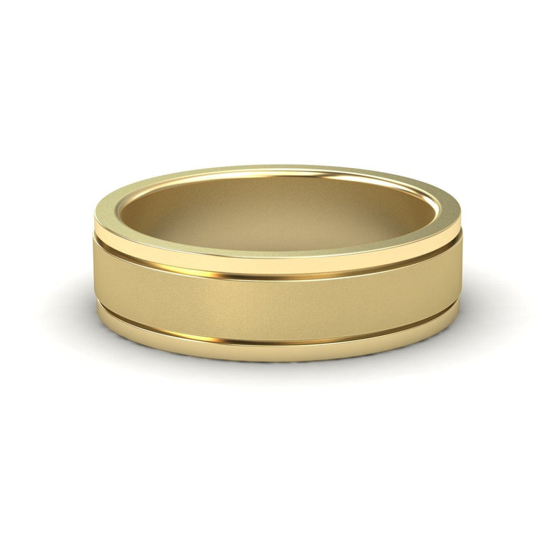 A gold-colored, grooved 6mm comfort fit wedding band ring.