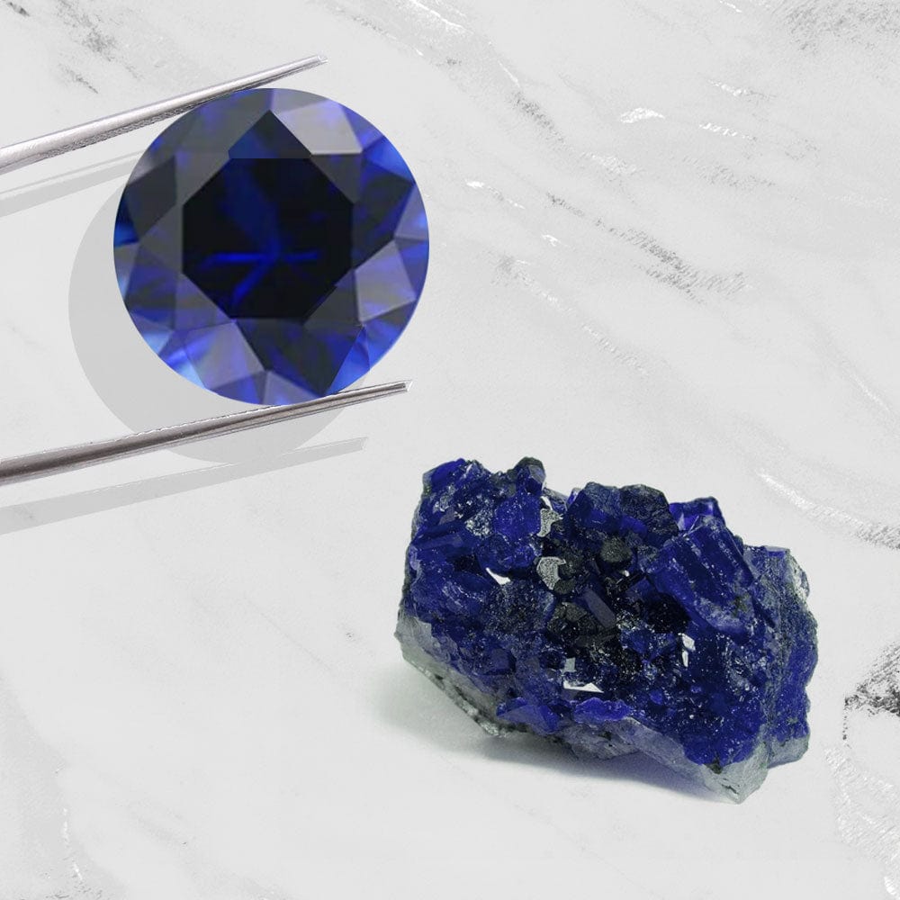 Blue sapphire gemstone and its rough counterpart on a white background