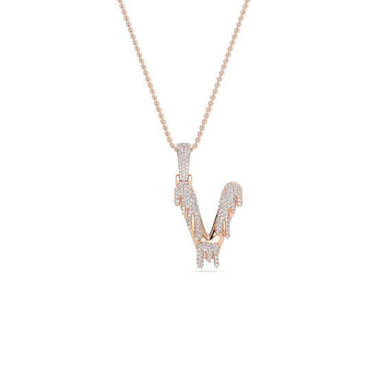 V Initial Dripping Diamond Pendant Necklace - Viktor