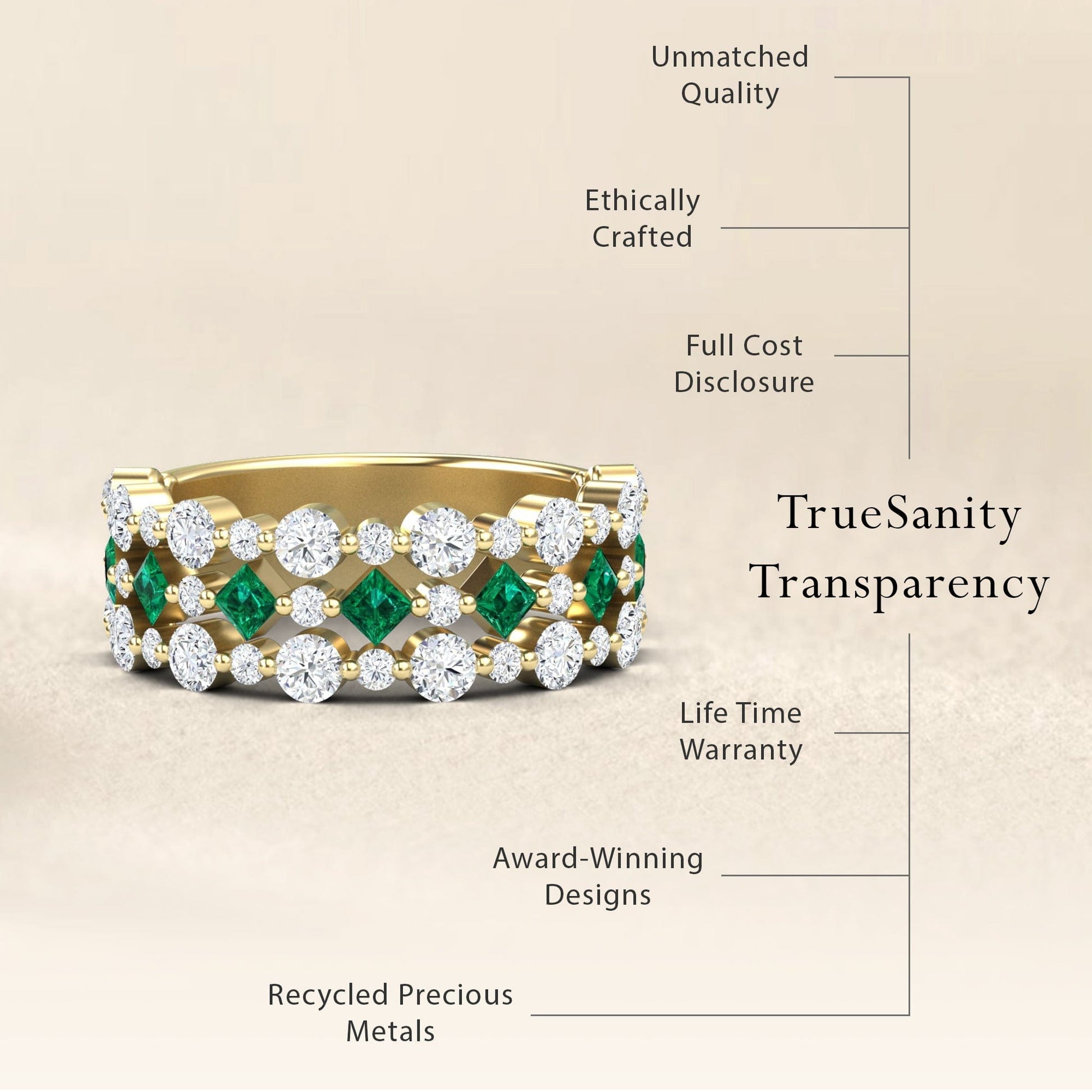 0.39-carat Emerald & Diamond Lace Band Ring in 14K yellow gold, Victoria style, transparency view