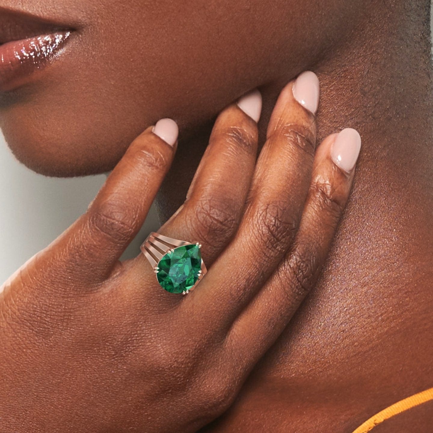 5.1-carat Lab Grown Emerald & Diamond Regal Ring in 14K rose gold, Anna style, hand view