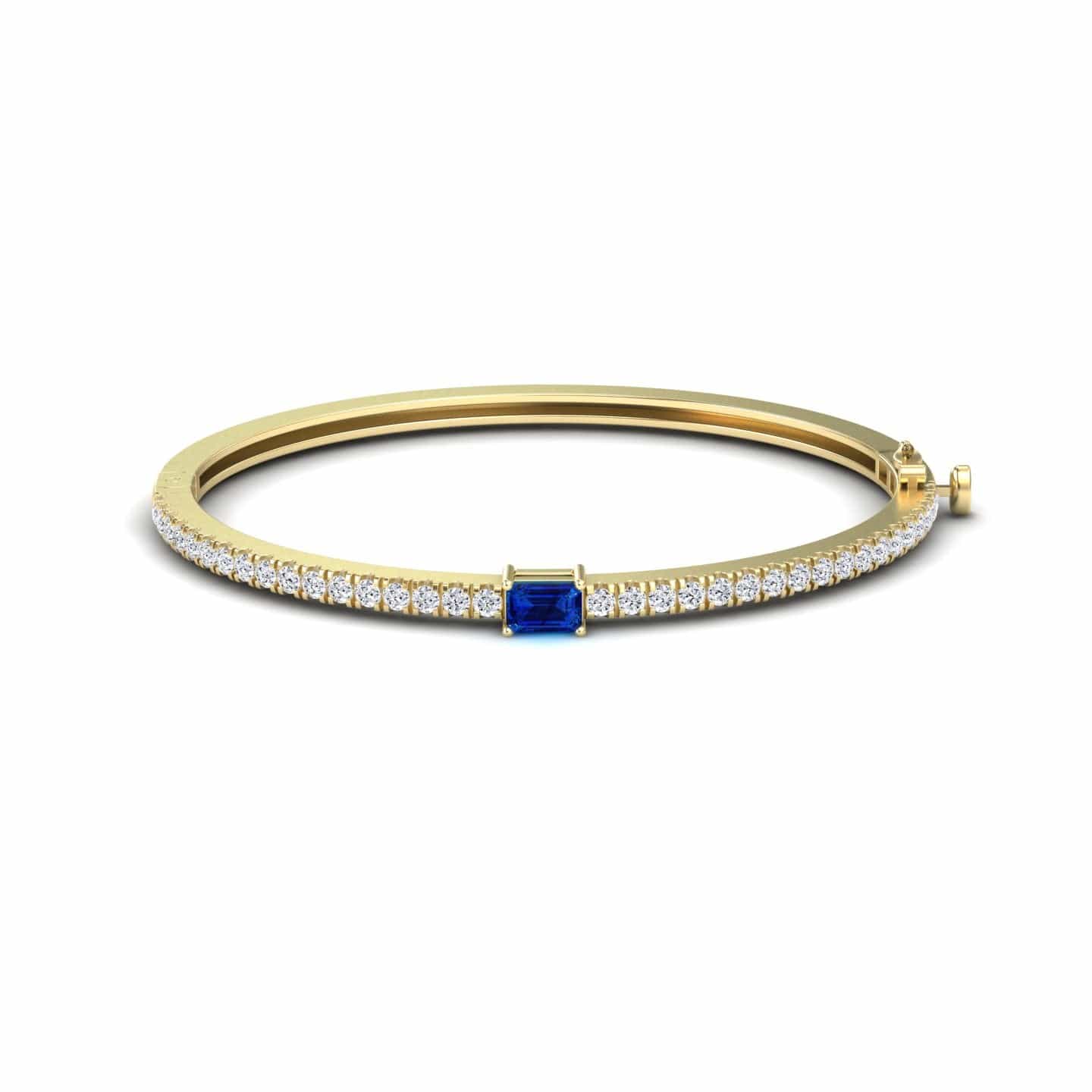 0.65-carat blue sapphire and diamond bangle bracelet in 14K yellow gold, Amandine style, front view