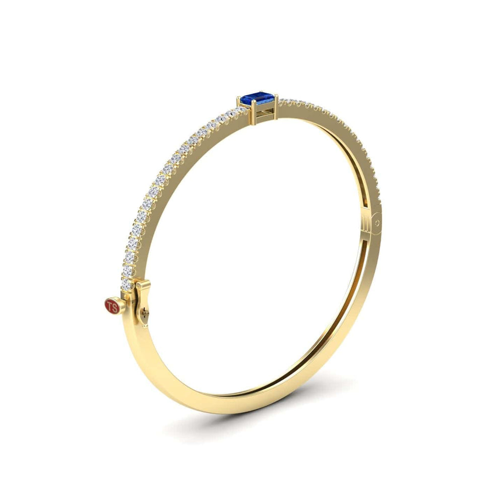 0.65-carat blue sapphire and diamond bangle bracelet in 14K yellow gold, Amandine style, side view