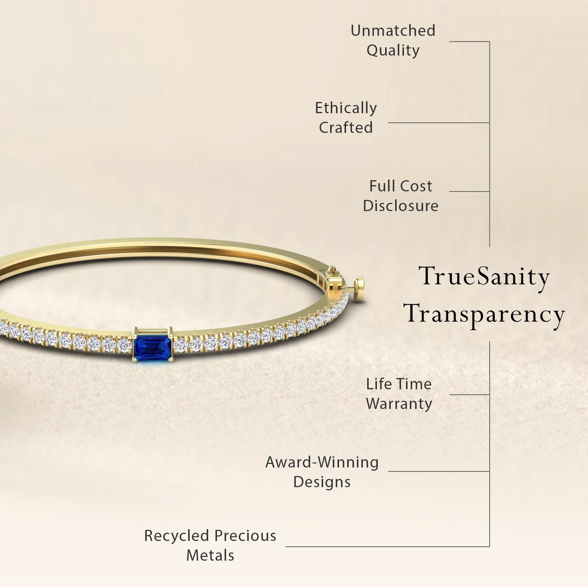 0.65-carat blue sapphire and diamond bangle bracelet in 14K yellow gold, Amandine style, transparency view
