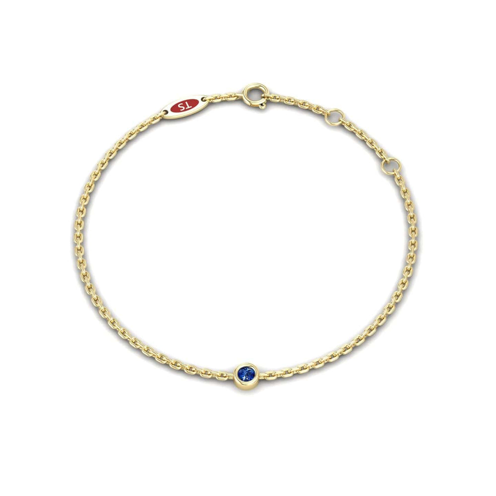 0.08-carat blue sapphire bezel set chain bracelet in 18K yellow gold, aisha style, side view