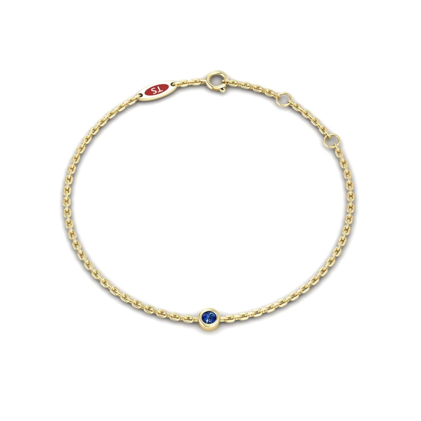 0.08-carat blue sapphire bezel set chain bracelet in 18K yellow gold, aisha style, side view