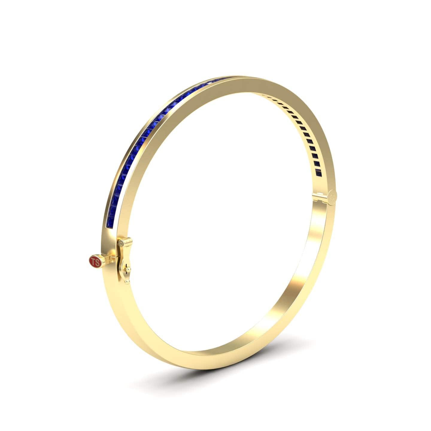 2.87-carat blue sapphire channel set bangle bracelet in 14K yellow gold, johanna style, side view