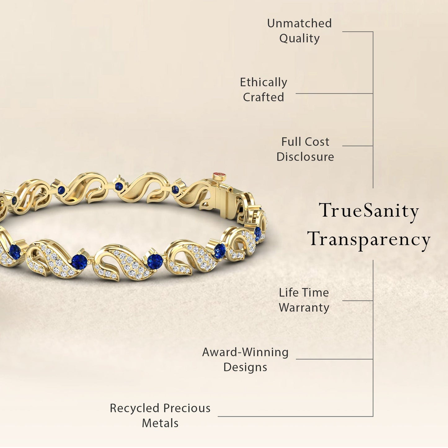 1.69-carat blue sapphire swirl link bracelet in 18K yellow gold, elizabeth style, transparency view