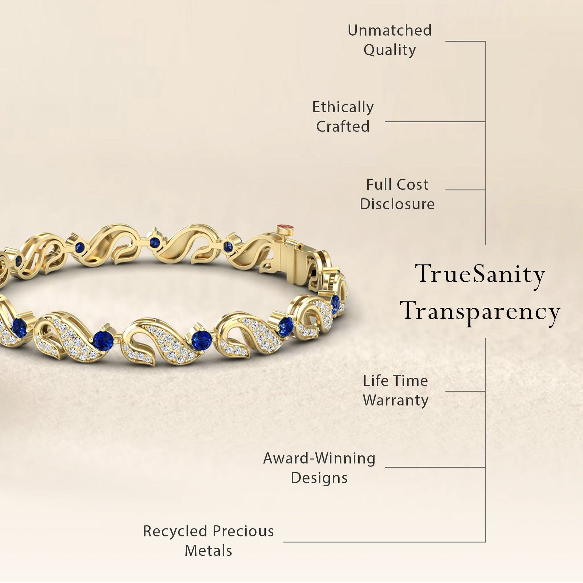1.69-carat blue sapphire swirl link bracelet in 18K yellow gold, elizabeth style, transparency view