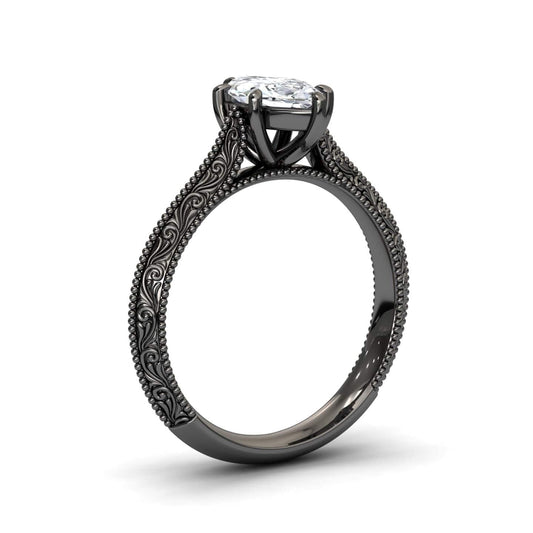 White Diamond Vintage Scroll Engraved Solitaire Engagement Ring - Claudia