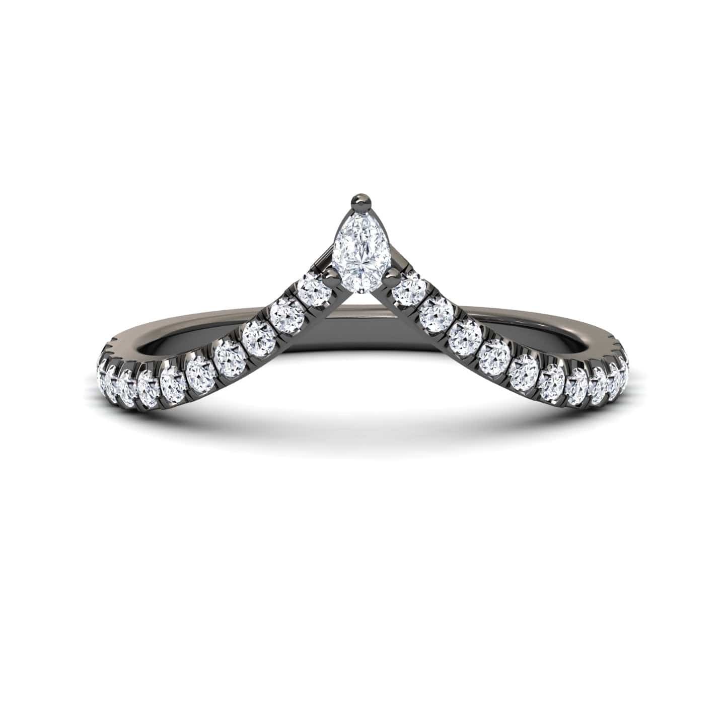 The White Diamond Classic Chevron Wedding Band - Mei-Lin features a V-shaped white gold band adorned with small round diamonds and highlighted by a marquise-cut diamond at the center of the V.